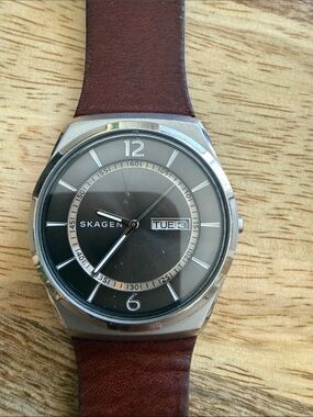Skagen Men's Brown Leather Strap Stainless Silver Case Quartz Watch